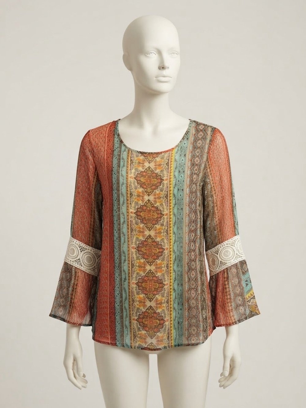krazy kat Multicolor Striped Boho Blouse with Lace Trim